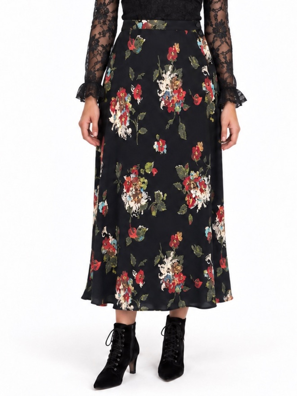 Vintage 90s Carol Little Skirt Black Floral Midi Cottagecore M/L 29”to 36” Waist